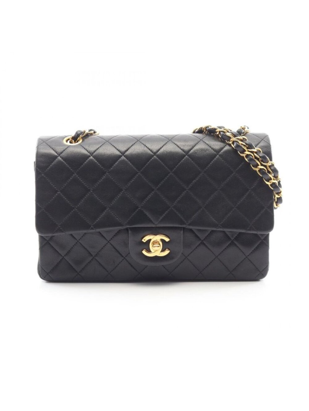 Chanel Shoulder Bag Quilted Double Flap Black Lambskin Chain